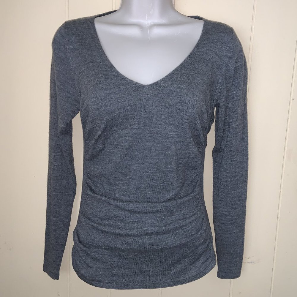 ELIE TAHARI Gray V Neck Draped Long Sleeve Shirt Top XS